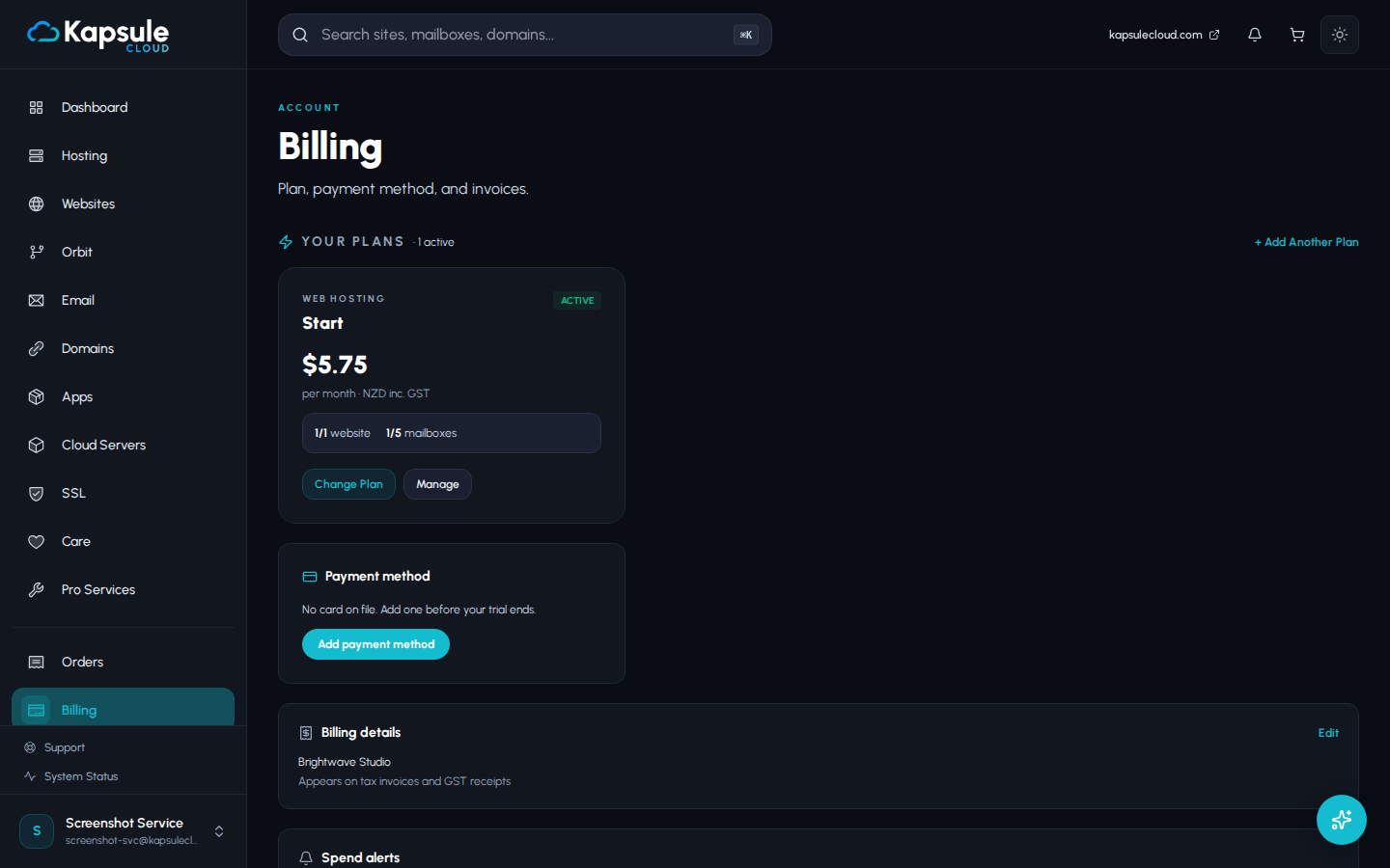 Billing section in KPanel