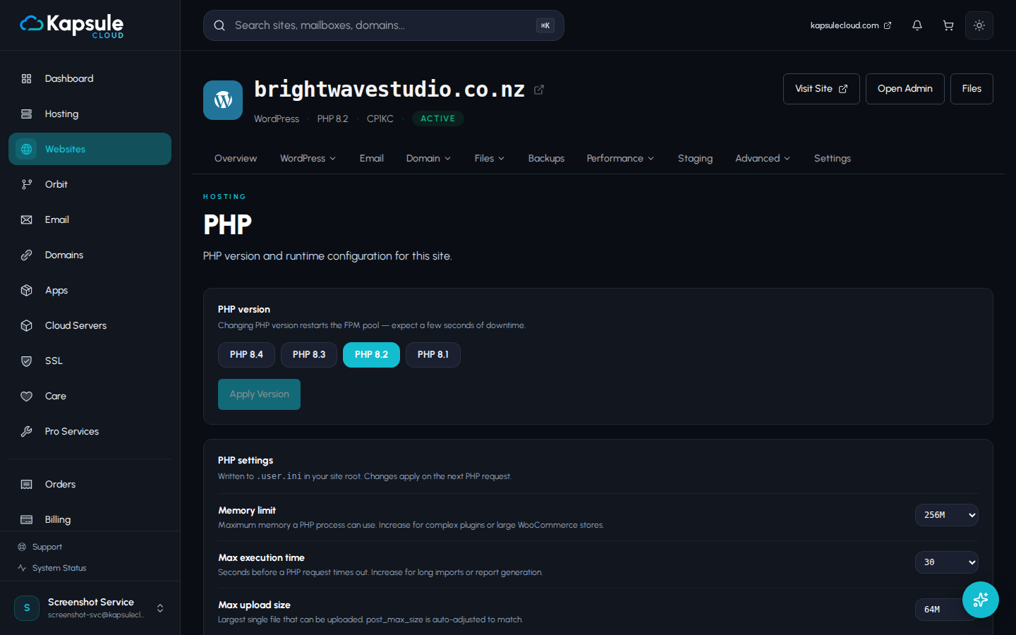 PHP settings page in KPanel